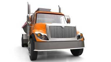 Parlak metal römork ile büyük portakal kamyon tanker. Her taraftan kez izlendi. 3D çizim