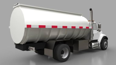 Parlak metal römork ile büyük beyaz kamyon tanker. Her taraftan kez izlendi. 3D çizim