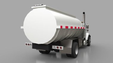 Parlak metal römork ile büyük beyaz kamyon tanker. Her taraftan kez izlendi. 3D çizim