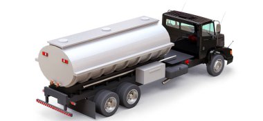 Parlak metal römork ile büyük siyah kamyon tanker. Her taraftan kez izlendi. 3D çizim