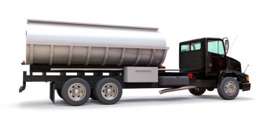 Parlak metal römork ile büyük siyah kamyon tanker. Her taraftan kez izlendi. 3D çizim
