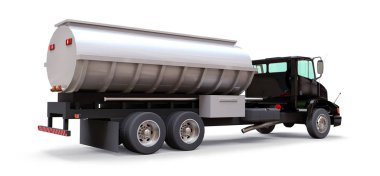 Parlak metal römork ile büyük siyah kamyon tanker. Her taraftan kez izlendi. 3D çizim