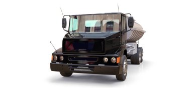 Parlak metal römork ile büyük siyah kamyon tanker. Her taraftan kez izlendi. 3D çizim