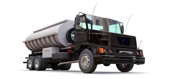 Large Black Truck Tanker Polished Metal Trailer Views All Sides — Stock Photo, Image