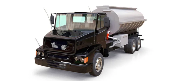 Large Black Truck Tanker Polished Metal Trailer Views All Sides — Stock Photo, Image