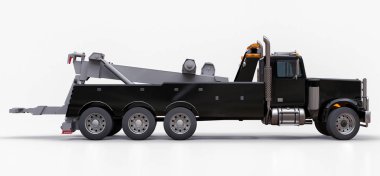 Diğer büyük kamyon veya çeşitli ağır makine taşımak için siyah kargo çekici. 3D render