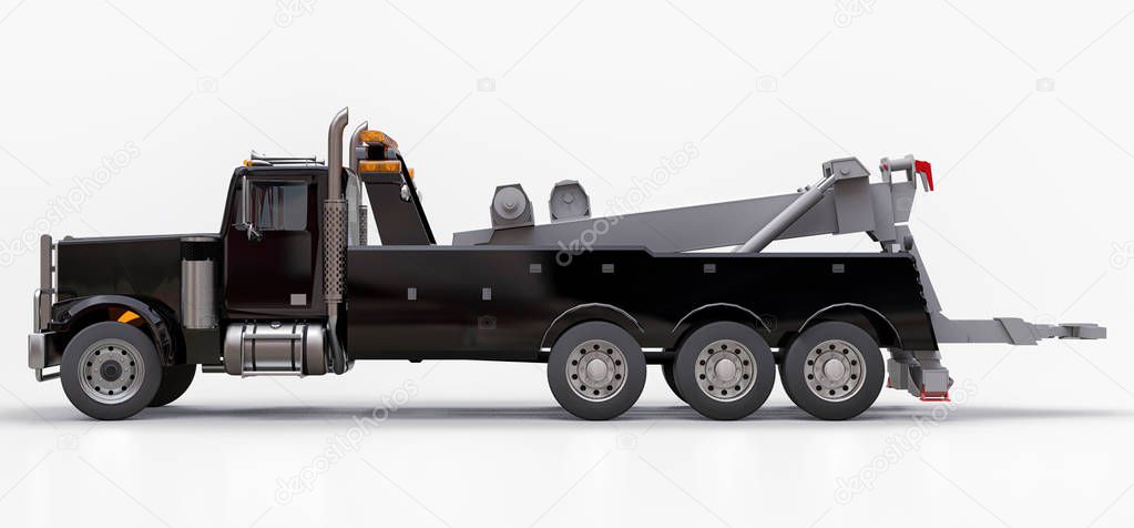 Black cargo tow truck to transport other big trucks or various heavy machinery. 3d rendering