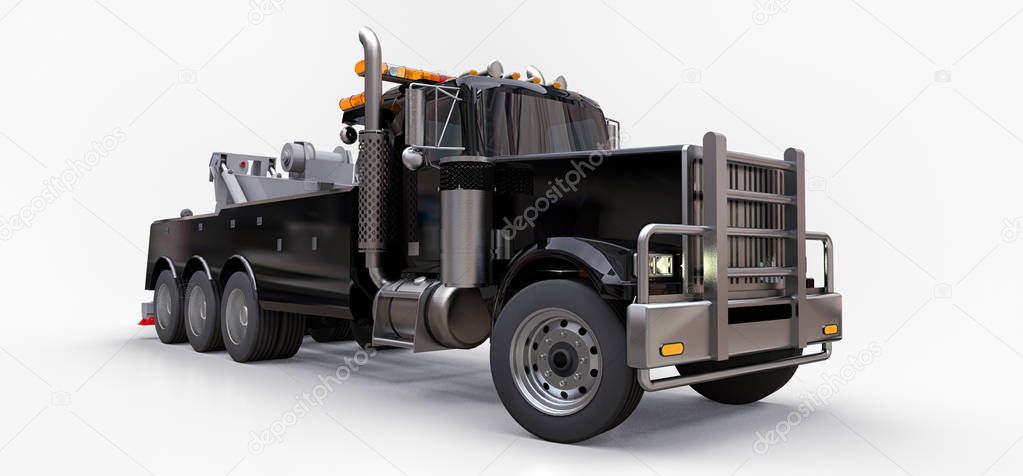 Black cargo tow truck to transport other big trucks or various heavy machinery. 3d rendering