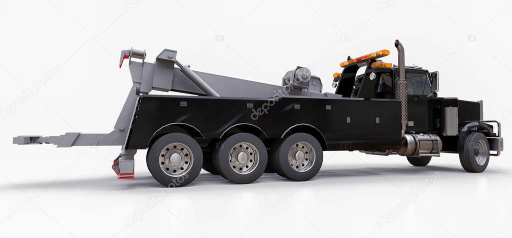 Black cargo tow truck to transport other big trucks or various heavy machinery. 3d rendering