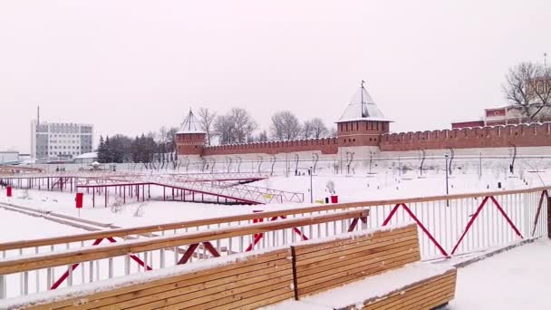 Zimowy Spacer Promenadzie Centrum Tula Widok Stary Średniowiecznej Twierdzy Kremla — Wideo stockowe