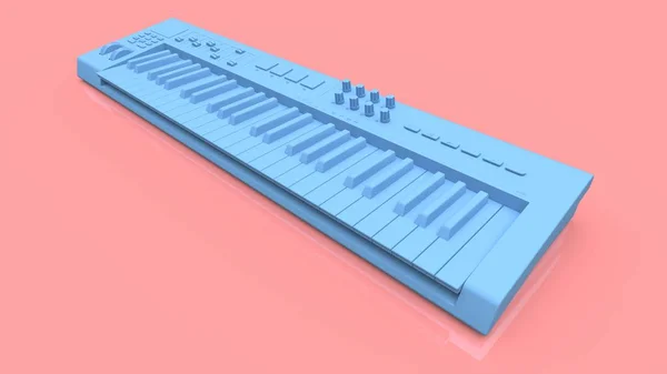 Blue synthesizer MIDI keyboard on pink background. Synth keys close-up. 3d rendering