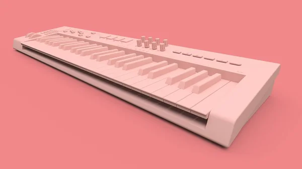 Pink synthesizer MIDI keyboard on pink background. Synth keys close-up. 3d rendering