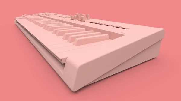 Pink synthesizer MIDI keyboard on pink background. Synth keys close-up. 3d rendering