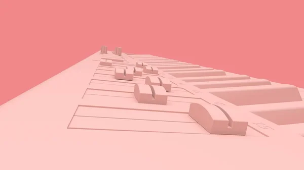 Pink synthesizer MIDI keyboard on pink background. Synth keys close-up. 3d rendering
