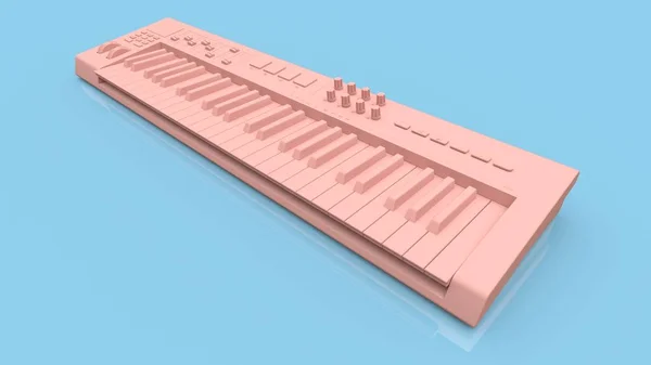 Tastiera Midi Sintetizzatore Rosa Sfondo Blu Chiavi Sintesi Primo Piano — Foto Stock