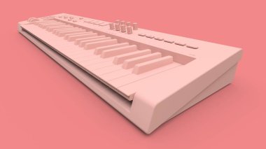 Pembe bir arka plan üzerinde pembe synthesizer MIDI klavye. Synth anahtarları yakın çekim. 3D render