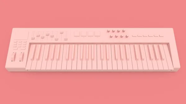 Pink synthesizer MIDI keyboard on pink background. Synth keys close-up. 3d rendering