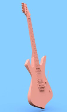 Pembe elektro gitar mavi bir arka plan üzerinde en az tarzında. 3D render