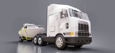 büyük beyaz bir kamyonet gri bir arka plan üzerinde bir tekne taşıma için bir römork ile 3D Illustration. 3D render