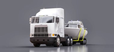 büyük beyaz bir kamyonet gri bir arka plan üzerinde bir tekne taşıma için bir römork ile 3D Illustration. 3D render