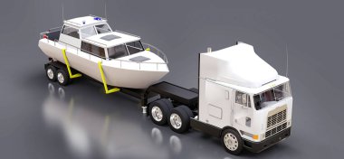 büyük beyaz bir kamyonet gri bir arka plan üzerinde bir tekne taşıma için bir römork ile 3D Illustration. 3D render
