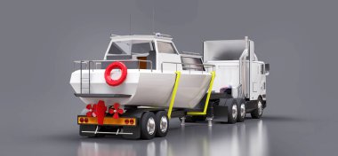 büyük beyaz bir kamyonet gri bir arka plan üzerinde bir tekne taşıma için bir römork ile 3D Illustration. 3D render
