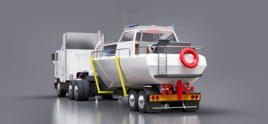 büyük beyaz bir kamyonet gri bir arka plan üzerinde bir tekne taşıma için bir römork ile 3D Illustration. 3D render