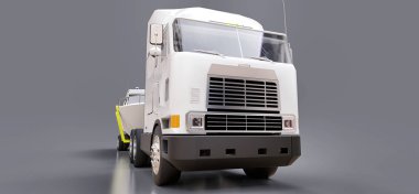 büyük beyaz bir kamyonet gri bir arka plan üzerinde bir tekne taşıma için bir römork ile 3D Illustration. 3D render