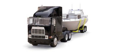 gri bir arka plan üzerinde bir tekne taşıma için bir römork ile büyük bir siyah kamyon 3D Illustration. 3D render