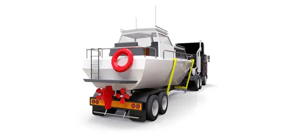 Иллюстрация Большого Черного Грузовика Прицепом Транспортировки Лодки Сером Фоне Рендеринг — стоковое фото