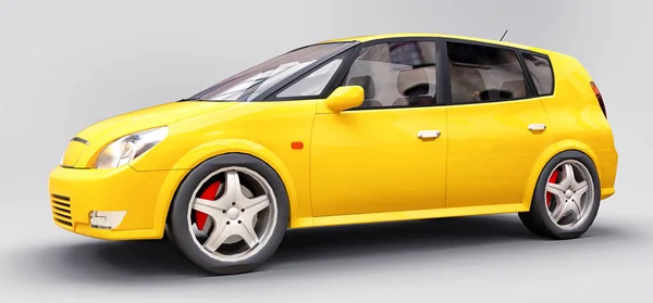 여러분의 창의적 인 디자인을 위한 빈 표면 이 있는 노란 도시의 자동차입니다. 3D 렌더링. — 스톡 사진