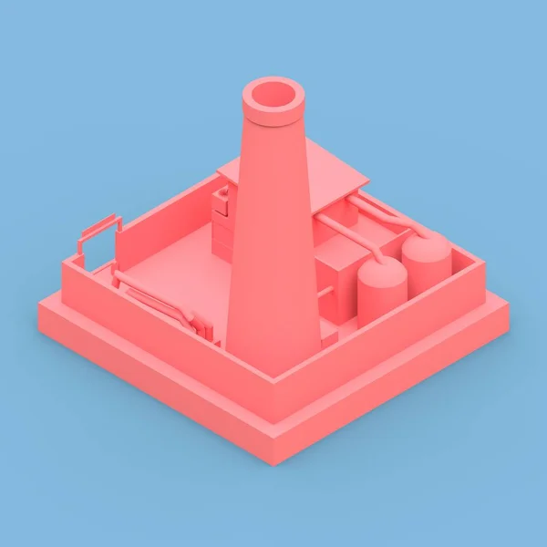 Isometric cartoon factory in the style of Minimal. Pink building on a blue background. 3d rendering
