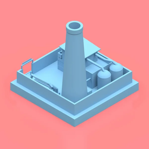 Isometric cartoon factory in the style of Minimal. Blue building on a pink background. 3d rendering