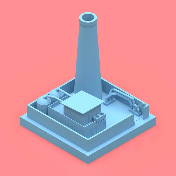 Isometric cartoon factory in the style of Minimal. Blue building on a pink background. 3d rendering