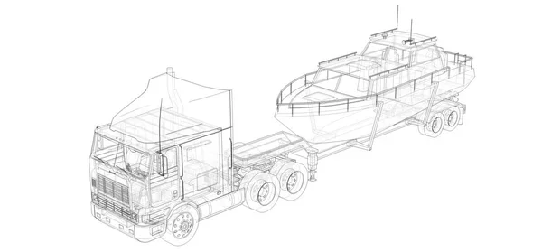 Nagy Teherautó Egy Pótkocsi Szállító Egy Csónakban Egy Fehér Háttér — Stock Fotó