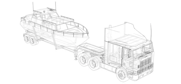 Camión Grande Con Remolque Para Transportar Barco Sobre Fondo Blanco —  Fotos de Stock