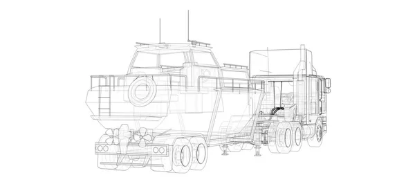 Nagy Teherautó Egy Pótkocsi Szállító Egy Csónakban Egy Fehér Háttér — Stock Fotó