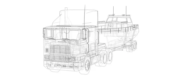 Grote Truck Met Oplegger Voor Het Vervoer Van Een Boot — Stockfoto