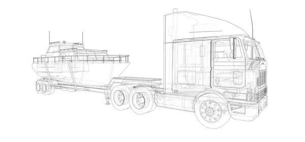 Ciężarówka Przyczepą Transportu Łodzi Białym Tle Renderowania — Zdjęcie stockowe