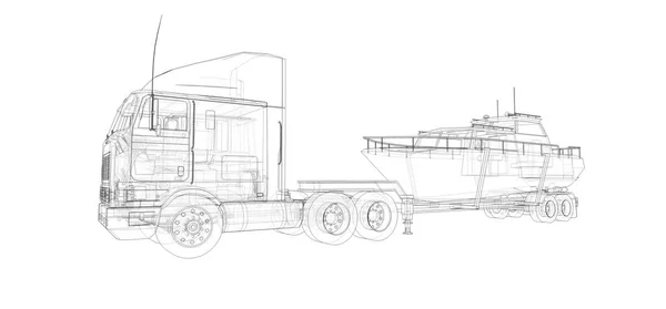 Grote Truck Met Oplegger Voor Het Vervoer Van Een Boot — Stockfoto