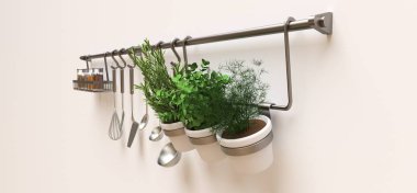 Mutfak eşyaları, kuru dökme ve tencere canlı baharatlar duvara asmak. 3D render