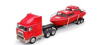 Beyaz zemin üzerinde bir tekne taşıma için bir römork ile büyük kırmızı kamyon. 3D render
