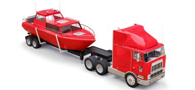 Beyaz zemin üzerinde bir tekne taşıma için bir römork ile büyük kırmızı kamyon. 3D render