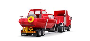 Beyaz zemin üzerinde bir tekne taşıma için bir römork ile büyük kırmızı kamyon. 3D render