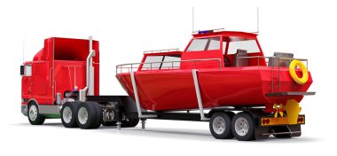 Beyaz zemin üzerinde bir tekne taşıma için bir römork ile büyük kırmızı kamyon. 3D render