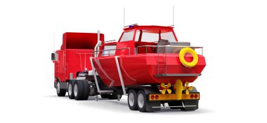 Beyaz zemin üzerinde bir tekne taşıma için bir römork ile büyük kırmızı kamyon. 3D render