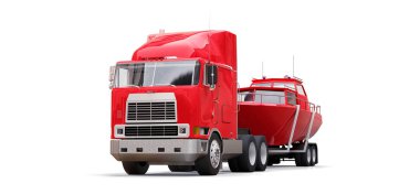 Beyaz zemin üzerinde bir tekne taşıma için bir römork ile büyük kırmızı kamyon. 3D render