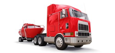 Beyaz zemin üzerinde bir tekne taşıma için bir römork ile büyük kırmızı kamyon. 3D render