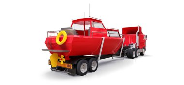 Beyaz zemin üzerinde bir tekne taşıma için bir römork ile büyük kırmızı kamyon. 3D render