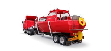 Beyaz zemin üzerinde bir tekne taşıma için bir römork ile büyük kırmızı kamyon. 3D render